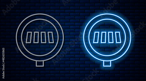 Glowing neon line Pedestrian crosswalk icon isolated on brick wall background. Traffic rules and safe driving. Vector