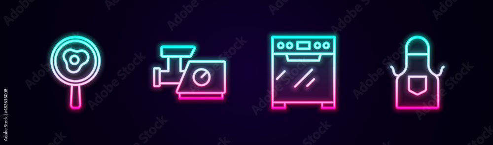 Set line Fried eggs on frying pan, Kitchen meat grinder, Oven and apron. Glowing neon icon. Vector Set line Fried eggs on frying pan, Kitchen meat grinder, Oven and apron. Glowing neon icon. Vector