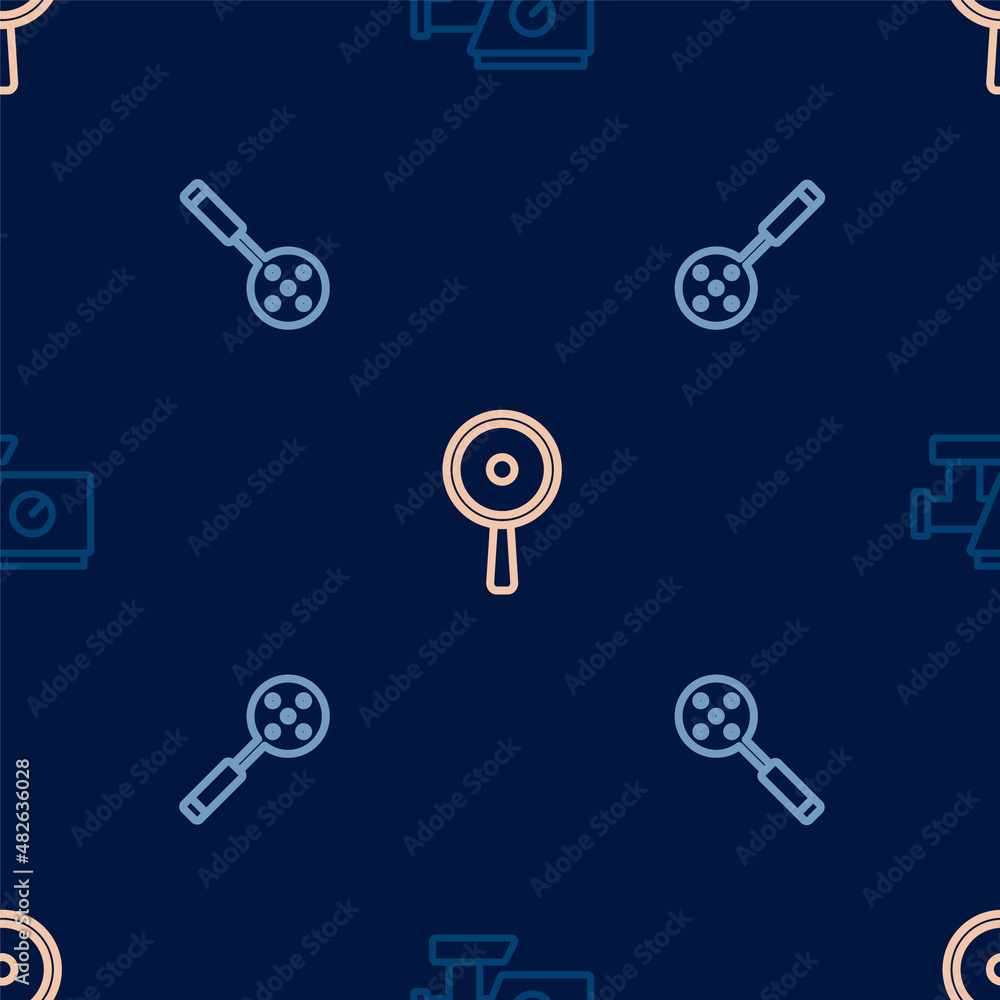 Set line Kitchen meat grinder, Spatula and Frying pan on seamless pattern. Vector Set line Kitchen meat grinder, Spatula and Frying pan on seamless pattern. Vector