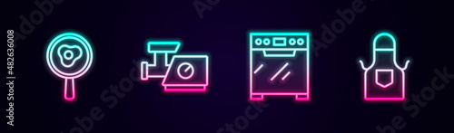 Set line Fried eggs on frying pan, Kitchen meat grinder, Oven and apron. Glowing neon icon. Vector