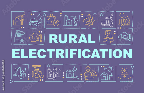 Rural electrification word concepts purple banner. Remote areas. Infographics with linear icons on background. Isolated typography. Vector color illustration with text. Arial-Black font used