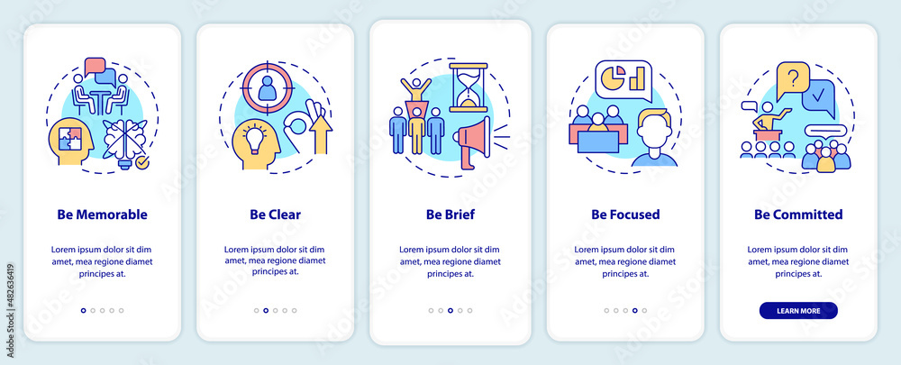 Business communication rules onboarding mobile app screen. Be memorable walkthrough 5 steps graphic instructions pages with linear concepts. UI, UX, GUI template. Myriad Pro-Bold, Regular fonts used