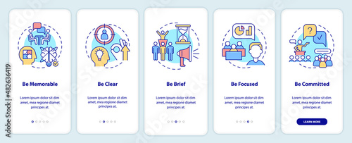 Business communication rules onboarding mobile app screen. Be memorable walkthrough 5 steps graphic instructions pages with linear concepts. UI, UX, GUI template. Myriad Pro-Bold, Regular fonts used