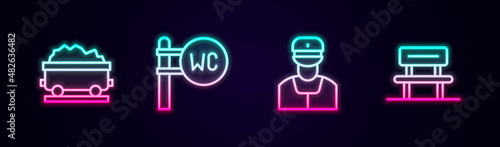Set line Coal train wagon, Toilet, Train conductor and Waiting hall. Glowing neon icon. Vector