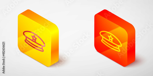 Isometric line Military beret icon isolated on grey background. Soldiers cap. Army hat. War baret. Yellow and orange square button. Vector