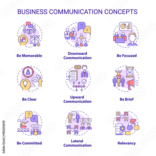 Business communication concept icons set. Working together as team idea thin line color illustrations. Isolated outline drawings. Editable stroke. Roboto-Medium, Myriad Pro-Bold fonts used
