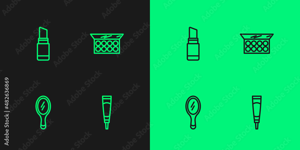 Set line Cream or lotion cosmetic tube, Hand mirror, Lipstick and Makeup powder with icon. Vector Set line Cream or lotion cosmetic tube, Hand mirror, Lipstick and Makeup powder with icon. Vector