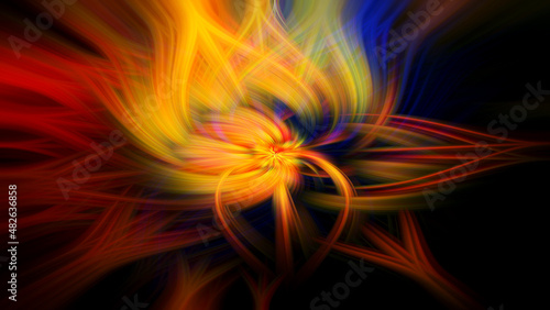Abstract colorful twisted light fibers. Effects Background Overlay Blend. Multicolor Swirl wallpaper. Black backdrop with orange, yellow and blue