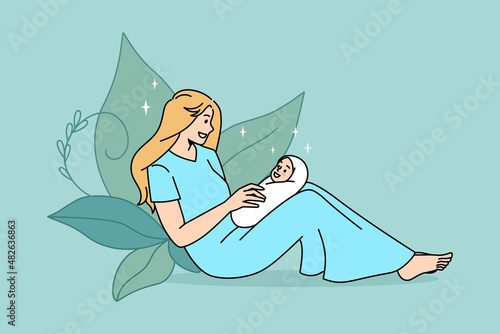 Happy maternity and motherhood concept. Smiling young woman mother wearing blue dress sitting and holding her small baby newborn infant in hands feeling love vector illustration 