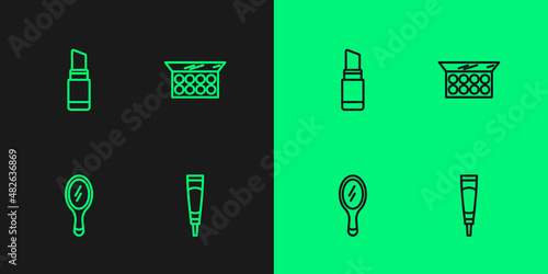 Set line Cream or lotion cosmetic tube, Hand mirror, Lipstick and Makeup powder with icon. Vector