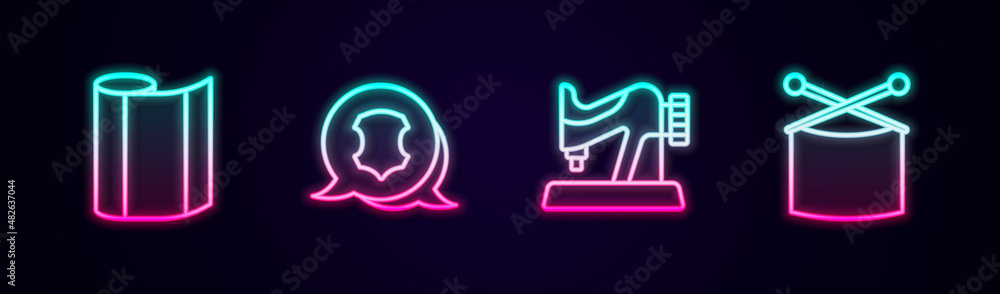 Set line Textile fabric roll, Leather, Sewing machine and Knitting needles. Glowing neon icon. Vector Set line Textile fabric roll, Leather, Sewing machine and Knitting needles. Glowing neon icon. Vector