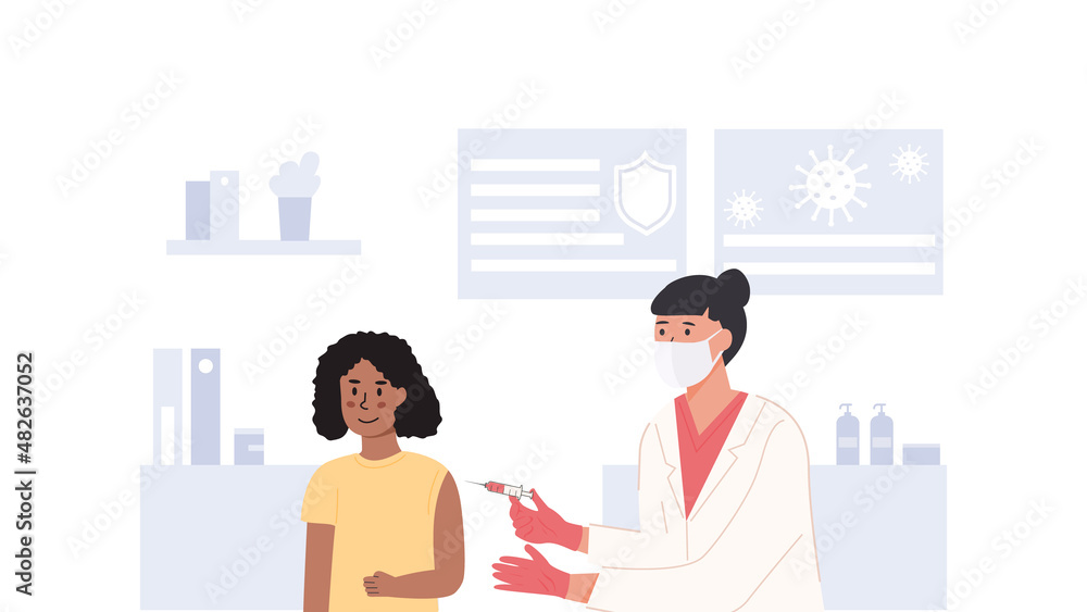 An afro schoolgirl at hospital getting vaccinated. A nurse or doctor wearing face mask and holding syringe with vaccine jab. Children Covid Vaccination concept. Vector flat style illustration. An afro schoolgirl at hospital getting vaccinated. A nurse or doctor wearing face mask and holding syringe with vaccine jab. Children Covid Vaccination concept. Vector flat style illustration.