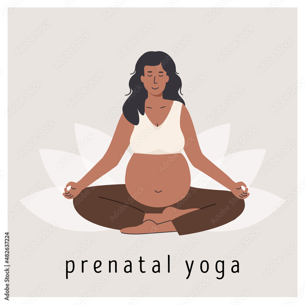 Pregnant woman meditating. Square banner for prenatal yoga. Woman sitting with legs crossed. Relaxing meditation exercise during pregnancy. Mother with belly in asana. Flat style vector illustration.
