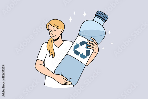 Pure water and recycling concept. Young positive blonde woman standing and holding huge bottle of pure drinking water with recycling ecology sign vector illustration 