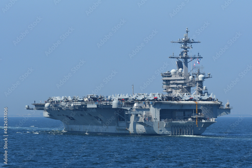 United States Navy aircraft carrier USS Carl Vinson sailing in Tokyo Bay.