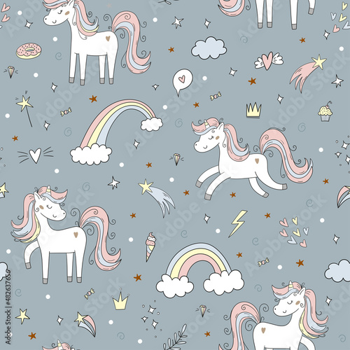Seamless pattern with cute fairy unicorns. Perfect for kids apparel,fabric, textile, nursery decoration,wrapping paper.Vector Illustration. Creative childish background.
