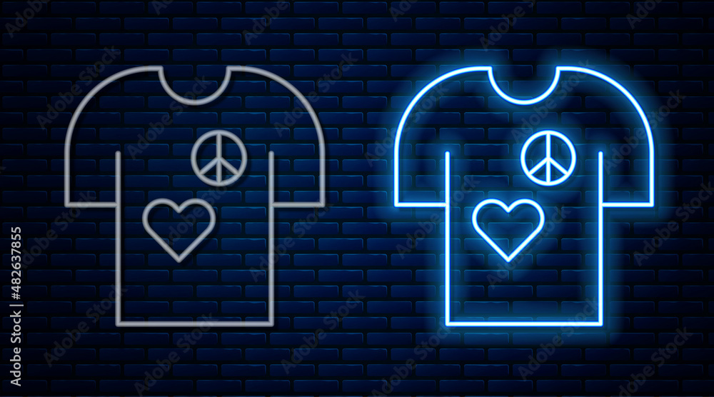Glowing neon line Peace symbol t-shirt print stamp icon isolated on brick wall background. Vector Glowing neon line Peace symbol t-shirt print stamp icon isolated on brick wall background. Vector
