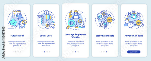 Benefits of no code onboarding mobile app screen. Web 3 0 walkthrough 5 steps graphic instructions pages with linear concepts. UI, UX, GUI template. Myriad Pro-Bold, Regular fonts used