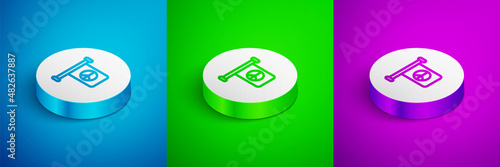 Isometric line Flag peace icon isolated on blue, green and purple background. Hippie symbol of peace. White circle button. Vector