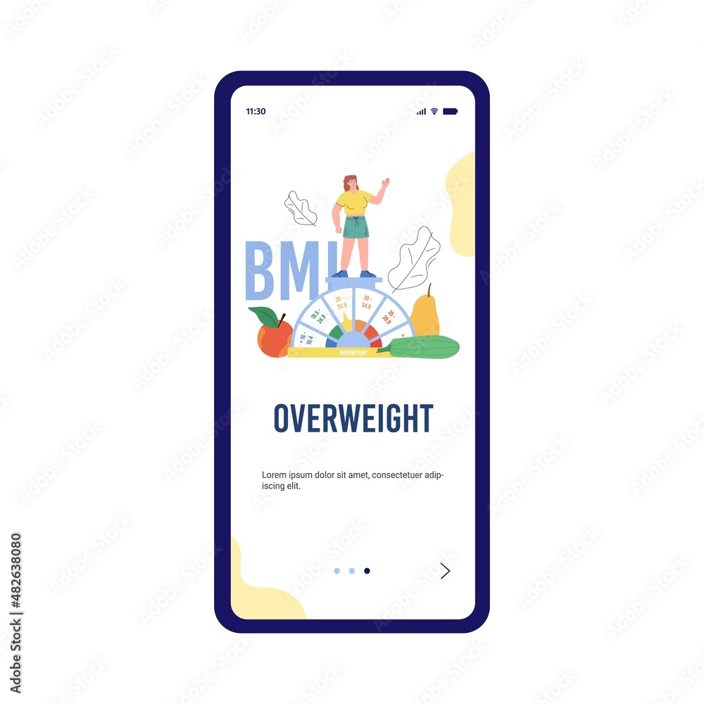 Woman with overweight on obese chart scale, mobile web banner - flat vector illustration. Woman with overweight on obese chart scale, mobile web banner - flat vector illustration.