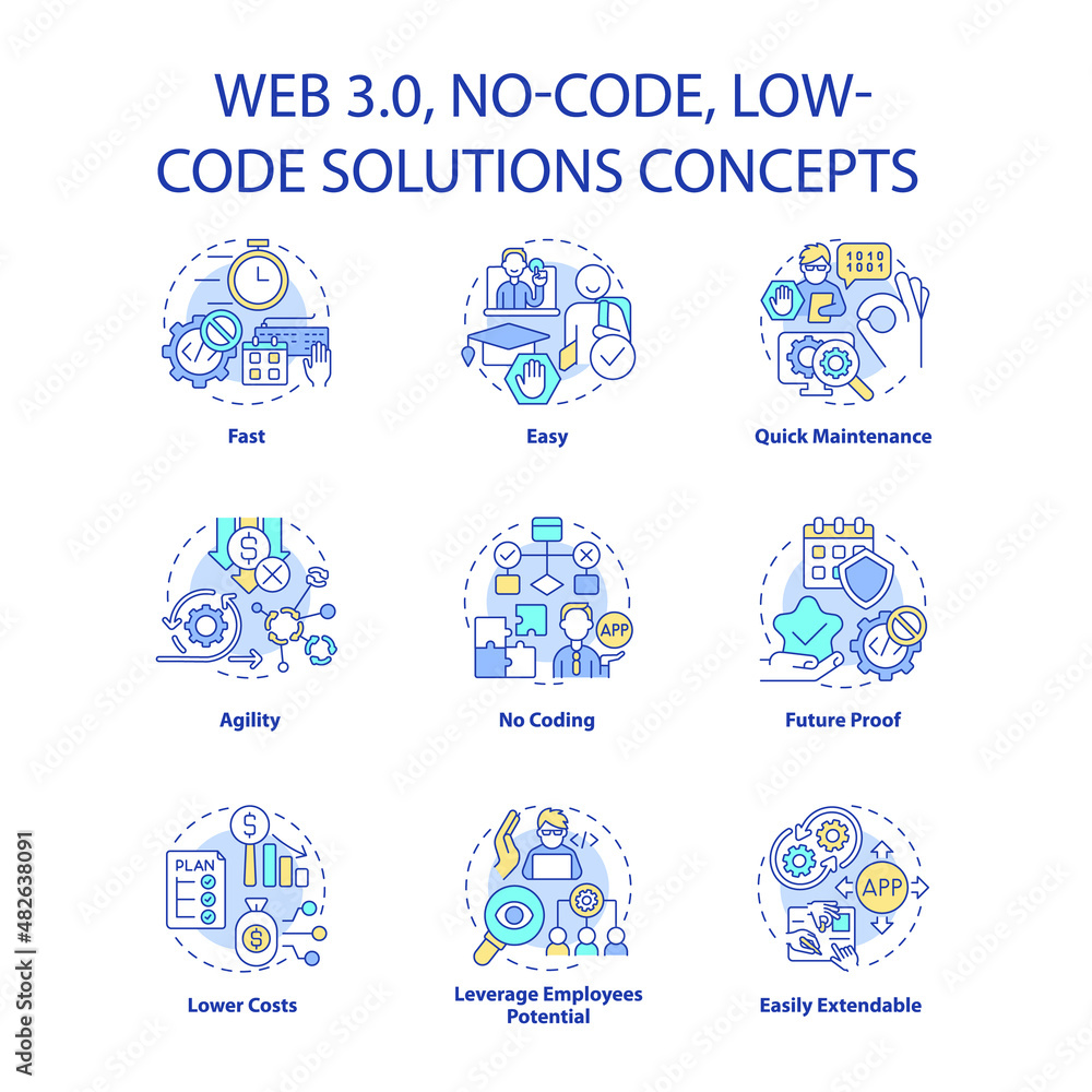 Web 3 0 concept icons set. Easy software development. No code solutions idea thin line color illustrations. Isolated outline drawings. Editable stroke. Roboto-Medium, Myriad Pro-Bold fonts used