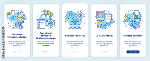 Apps created with low code platforms onboarding mobile app screen. Web walkthrough 5 steps graphic instructions pages with linear concepts. UI, UX, GUI template. Myriad Pro-Bold, Regular fonts used