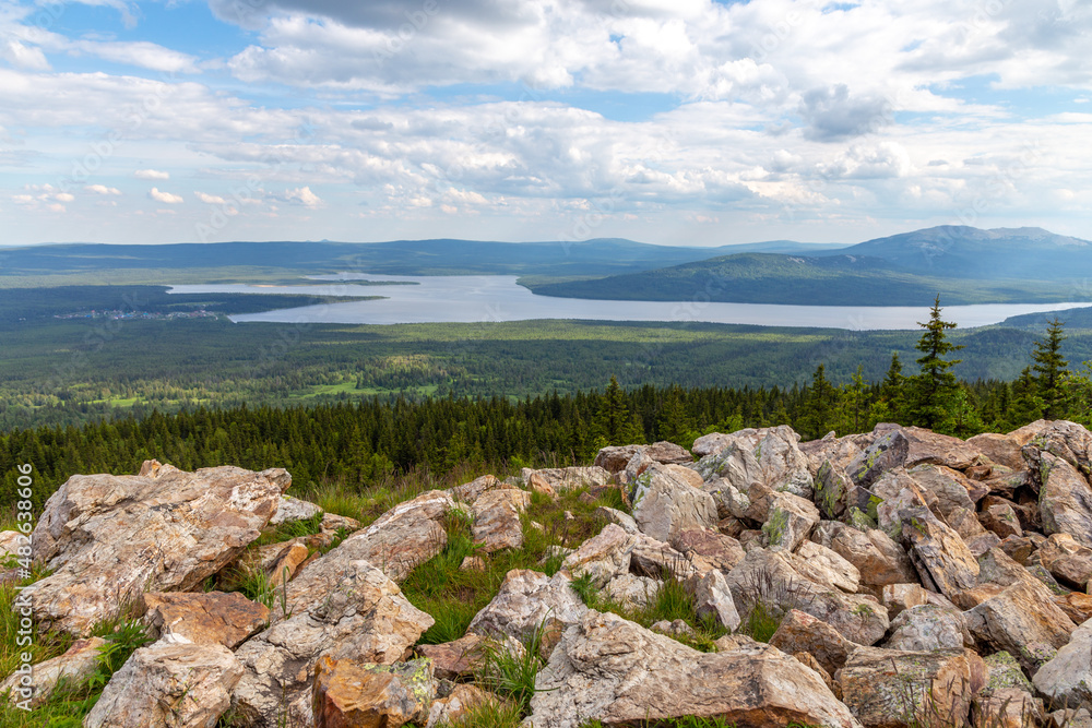 Beautiful view from the Zyuratkul ridge on the Zyuratkul lake. Zyuratkul national Park, Chelyabinsk region, Russia.