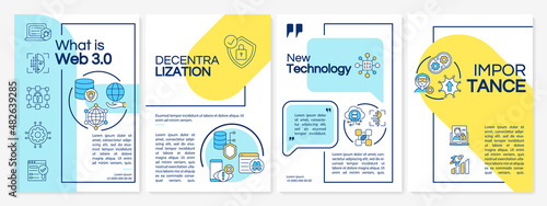 What is Web 3 0 blue and yellow brochure template. Low code. Booklet print design with linear icons. Vector layouts for presentation, annual reports, ads. Questrial-Regular, Lato-Regular fonts used