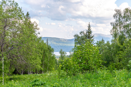 Beautiful view from the Zyuratkul ridge on the Zyuratkul lake. Zyuratkul national Park, Chelyabinsk region, Russia.