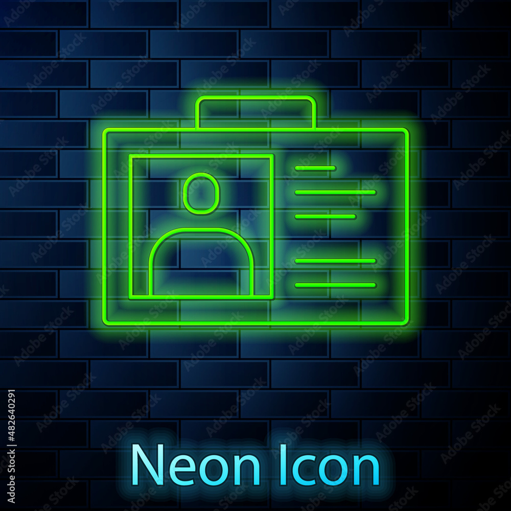 Glowing neon line Identification badge icon isolated on brick wall background. It can be used for presentation, identity of the company, advertising. Vector Glowing neon line Identification badge icon isolated on brick wall background. It can be used for presentation, identity of the company, advertising. Vector