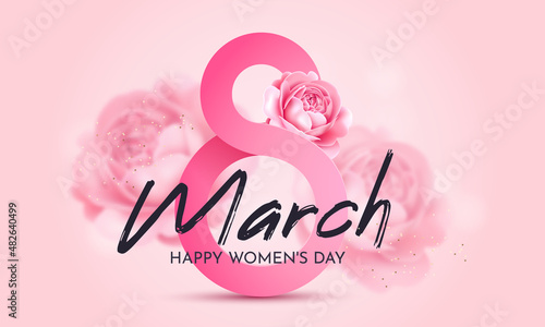 Greeting card for International Women's Day (March 8).Pink number 8 with roses on a pink background with an inscription. photo