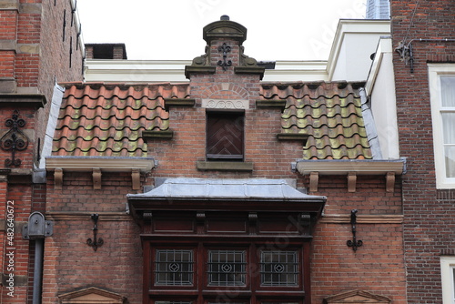 Amsterdam Nieuwezijds Voorburgwal Street Historic Building Roof Close Up, Netherlands