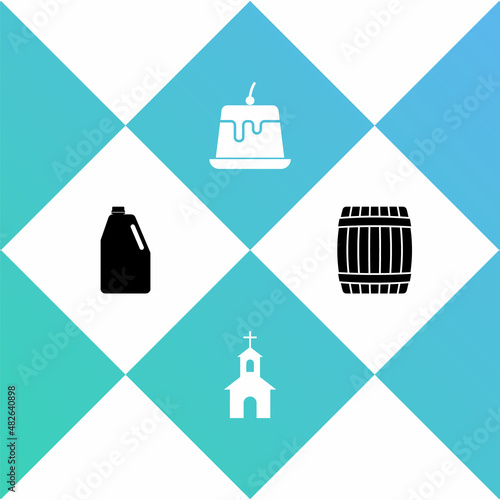 Set Household chemicals bottle, Church building, Pudding custard and Wooden barrel icon. Vector