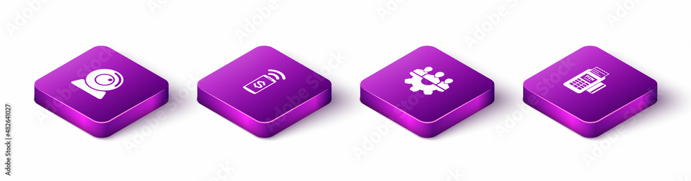 Set Isometric Web camera, Contactless payment, Project team base and POS terminal icon. Vector Set Isometric Web camera, Contactless payment, Project team base and POS terminal icon. Vector
