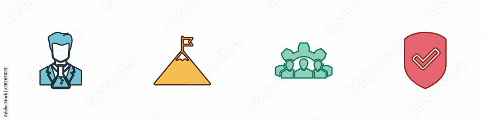 Set Scientist and test tube, Mountains flag, Project team base and Shield with check mark icon. Vector Set Scientist and test tube, Mountains flag, Project team base and Shield with check mark icon. Vector