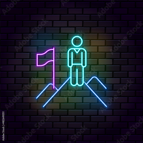 Business and finance neon on wall vector icon. Man, mountain, flag neon on wall vector icon