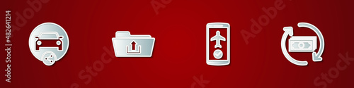 Set Car sharing, Folder upload, Flight mode the mobile and Refund money icon. Vector