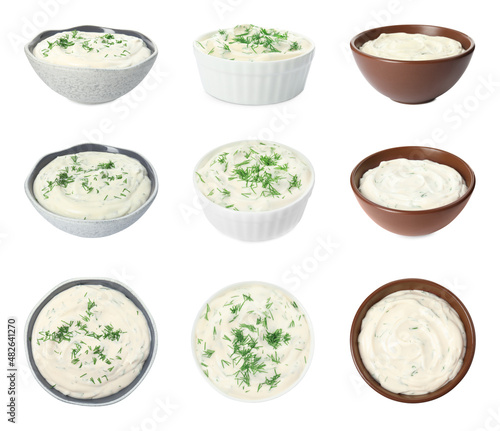 Set with tasty creamy dill sauce on white background photo