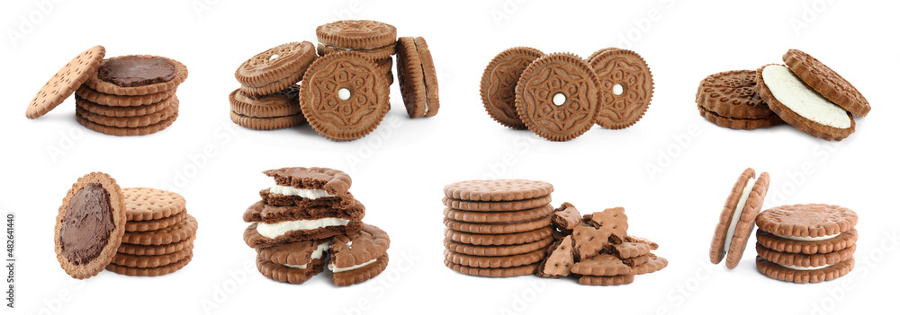 Set with tasty chocolate cookies with cream on white background. Banner design Set with tasty chocolate cookies with cream on white background. Banner design