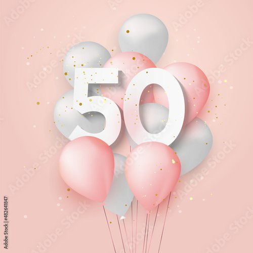 Happy 50th birthday balloons greeting card background. 50 years anniversary. 50th celebrating with confetti. Vector stock	
