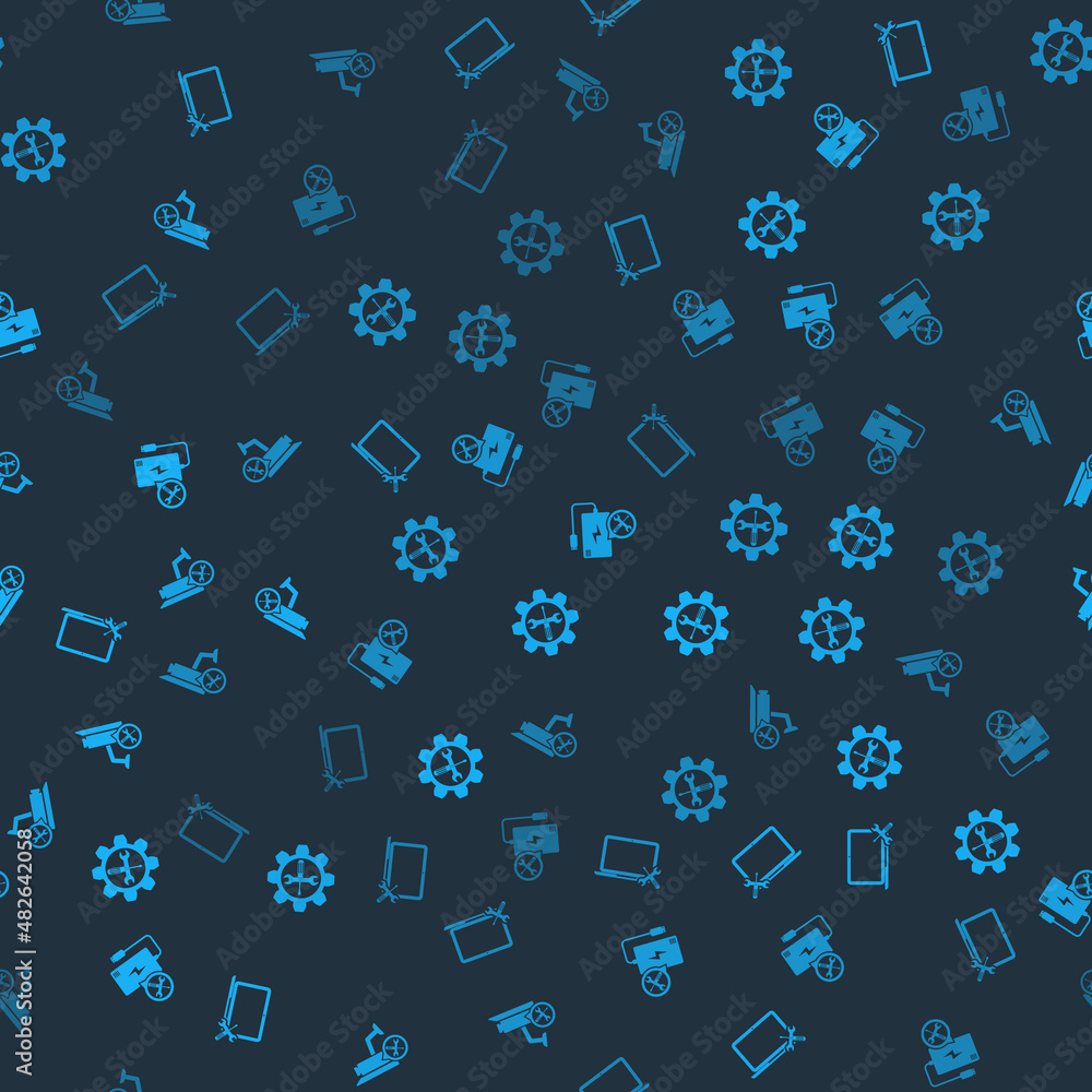 Set Laptop service, Wrench and screwdriver in gear, Power bank and Security camera on seamless pattern. Vector Set Laptop service, Wrench and screwdriver in gear, Power bank and Security camera on seamless pattern. Vector
