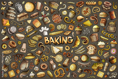 Cartoon set of bakery theme items, objects and symbols