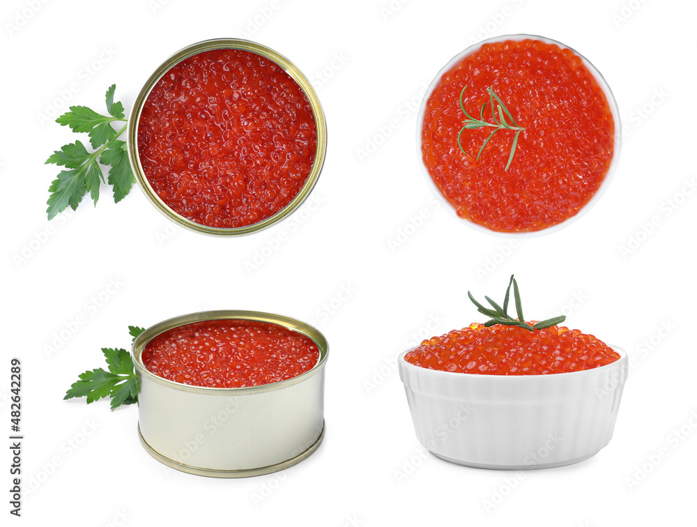Set with delicious red caviar on white background Set with delicious red caviar on white background