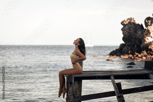 Slim, leggy and sensual model in a bikini sitting and posing on a wooden bridge, lifting her head up and closing her eyes against the background of water and rocks. Sensuality concept