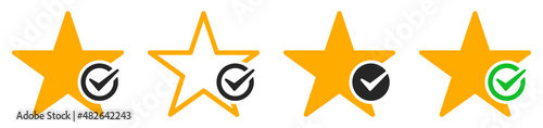 Set of star favorite icons with confirmation checkmark. Star and tick icon. Star with a check mark. Vector illustration.