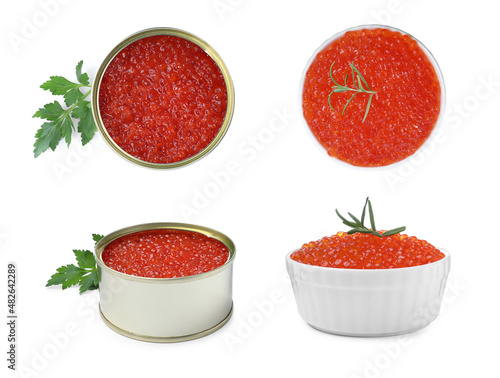 Set with delicious red caviar on white background