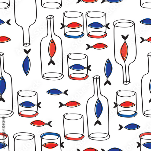 Modern seamless pattern with hand drawn bottles of wine glasses and cute fishes. Background for restaurant, bar menu, party, alcohol drinks, wrapping paper, textile, wallpapers and scrapbook. Vector.