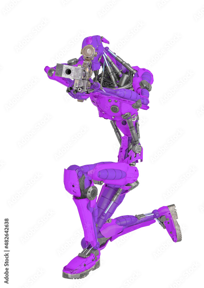 mechanical soldier is holding a rifle on sniper kneel pose front view mechanical soldier is holding a rifle on sniper kneel pose front view