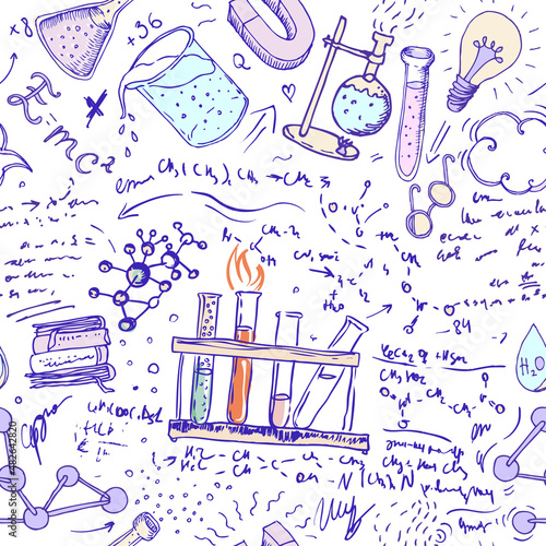 Back to School: science lab objects doodle vintage style sketches seamless pattern, vector illustration.
