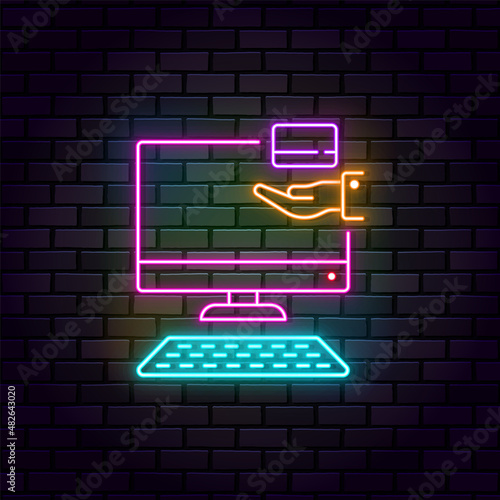 Business and finance neon on wall vector icon. Online banking, monitor, hand money neon on wall vector icon